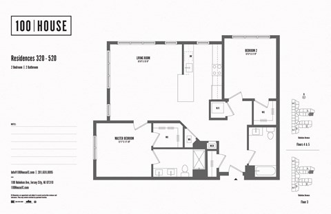 2 bedroom 2 bath floor plan B at 100 House Apartments, New Jersey